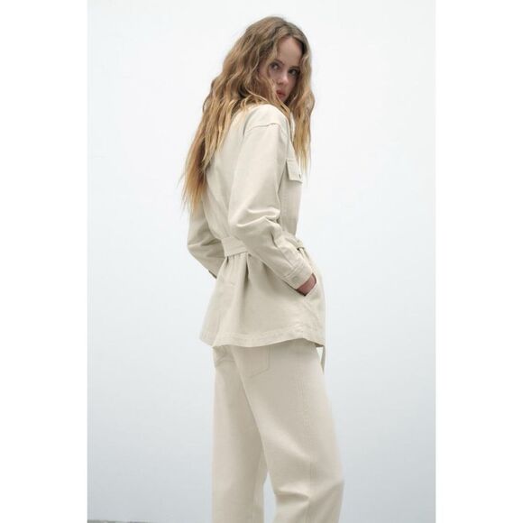 NWOT Zara Denim Jacket with Belt in Ice Color, Size Medium - Picture 7 of 16